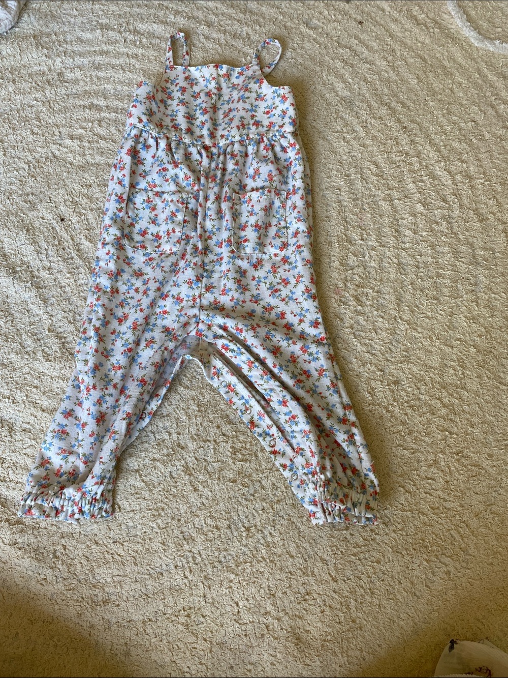 Old Navy White Floral Strap Overalls with Pink & Blue Flowers